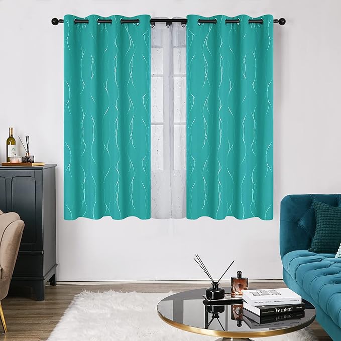 Deconovo Blackout Curtains, Thermal Insulated Soundproof Grommet Drapes, Wave Dots Silver Print, 52 x 63 Inch, Set of 2, Machine Washable Panels for Kitchen Bedroom Living Room Nursery, Turquoise - Image 2