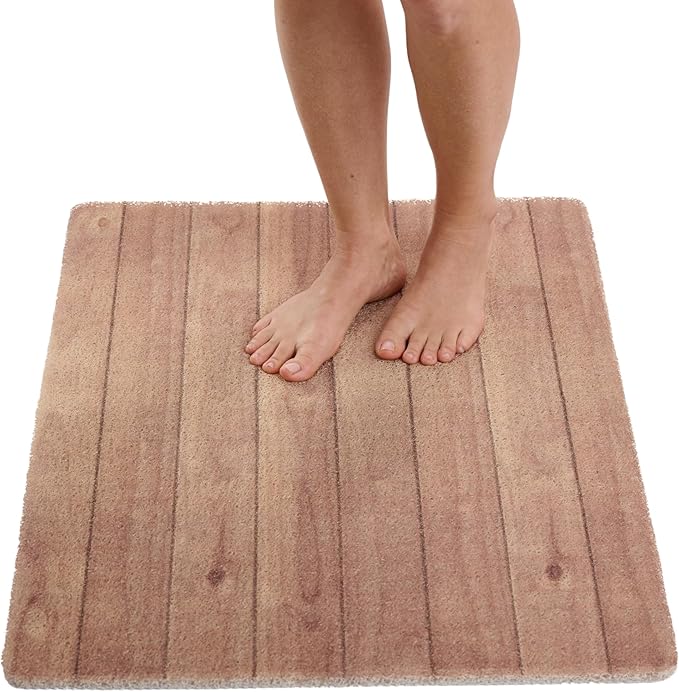 Enkosi Loofah Non-Slip Shower Mat - Shower Floors, Bathtub, Bathrooms, Wet Areas - Cushioned Bath Mat with Drain Holes - Quick Dry PVC, Secure Safety Pad Without Suction Cups (32x24 Teak Wood) by ENKOSI