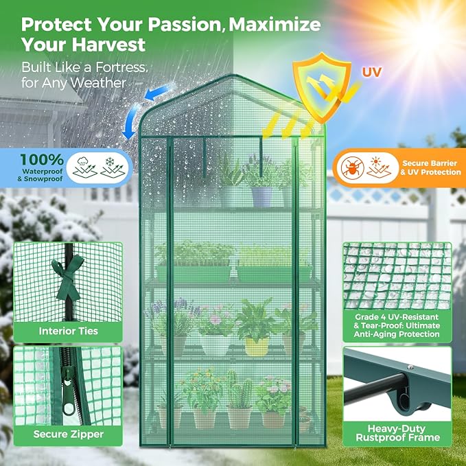Ohuhu Mini Greenhouse for Indoor Outdoor, Small Plastic Plant Green House 4-Tier Rack Stand Portable Greenhouses with Durable PE Cover for Seedling, 2.5x1.6x5.2 FT, Ideal Gardening Gifts for Women Men - Image 5