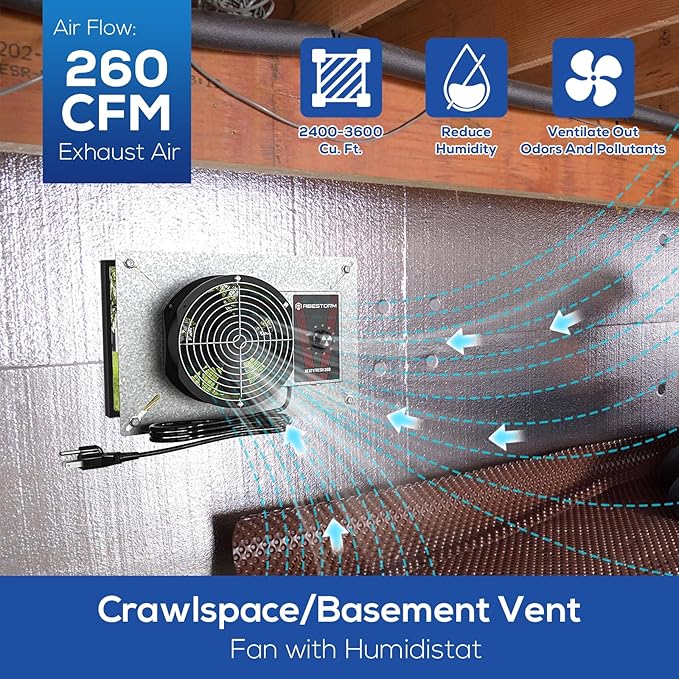 Abestorm 260CFM Crawlspace Ventilation Fans, IP-55 Rated Exhaust Fan with Humidistat Thermostat, 6.7 Inch Basement Vent Fan with Isolation Mesh for Crawl Space, Garage, Attic, Exhaust,Commercial - Image 3