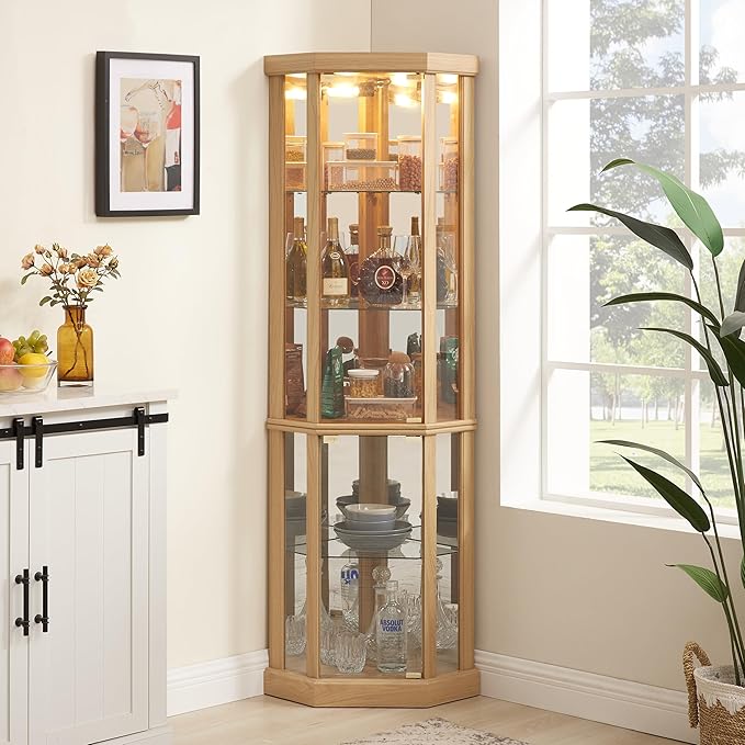 Elegant Corner Curio Cabinet with Lights & Tempered Glass Door, Wooden Display Cabinet with 4 Adjustable Glass Shelves & Mirrored Back for Living Room, Dining Room, Office (Oak) by ALYIAMXL