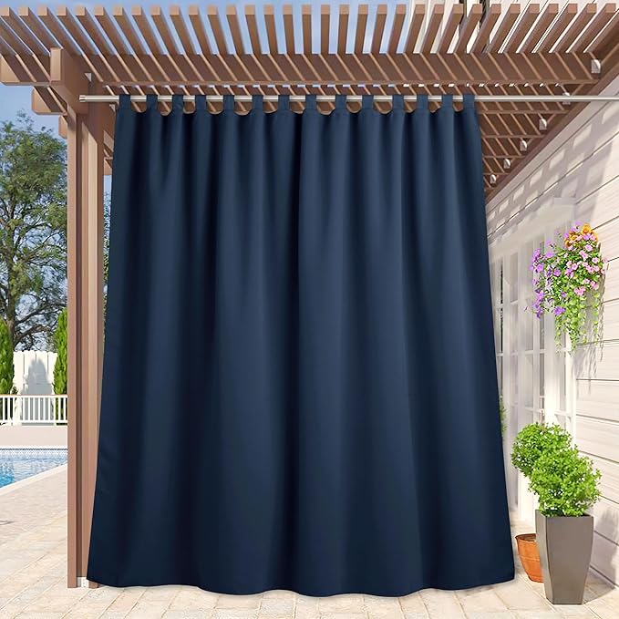 RYB HOME Extra Wide Outdoor Curtains for Patio Waterproof Tab Top Heavy Duty Thermal Insulated in Summer Full Coverage Privacy for Porch, Gazebo & Pergola, W100 x L84, Navy Blue, 1 Panel by RYBHOME