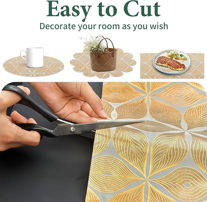 3D Drawer and Shelf Liner for Kitchen Cabinet: 17 in X 30 Ft Waterproof Shelf Paper Non Adhesive Refrigerator Liners Golden Leaf Easy Liners for Bathroom with Knife Tape Measure - Image 6