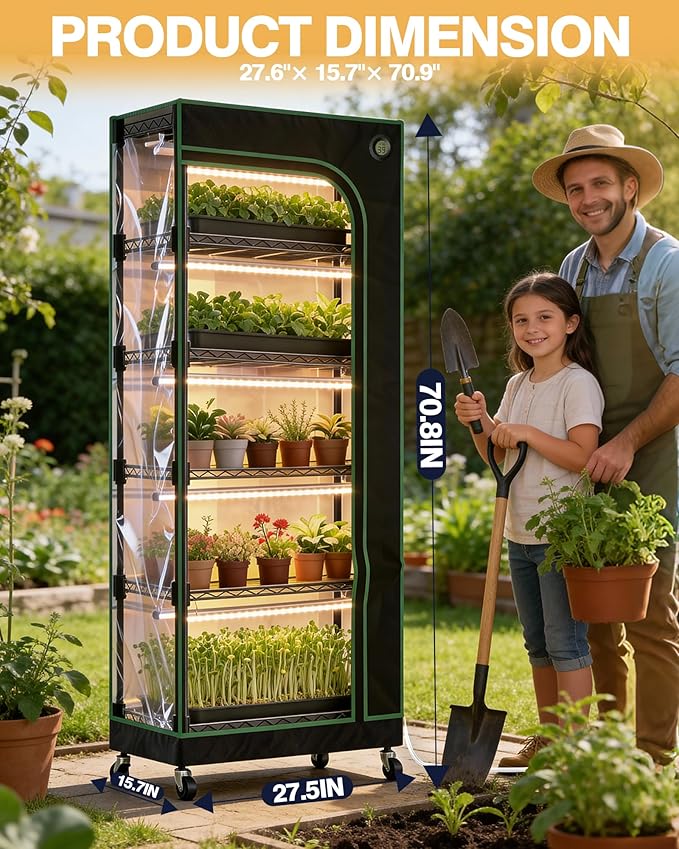 PYY Indoor Greenhouse with Grow Light - 6 Tier Heavy Duty T8 3000K Grow Lights, Curved Zip Door, Thermometer & Timer, Adjustable Shelves, 4 Caster Wheels for Home & Garden (27.6"x15.7"x70.9") - Image 7
