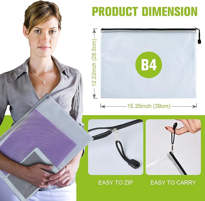 Mesh Zipper Pouch, 6PCS Waterproof Plastic Mesh ZipperBag, B4 Size Tear-Resistant Document Pouch, Extra Large Zip File Bags, for School Office Supplies Home Travel Storage(15.35×11.22 Inch) - Image 2