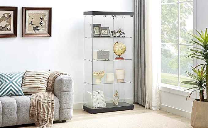 Yoluckea 4 Shelves Glass Display Cabinet with Light and 2 Doors, Floor Standing Clear Glass Curio Cabinet Collection Display for Living Room Bedroom 66.3” x 31.5” x 14.2” Black - Image 8