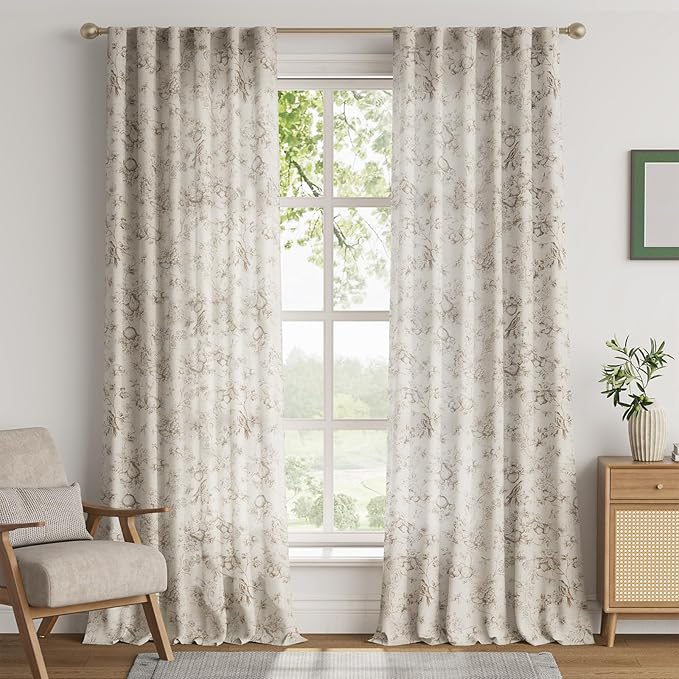jinchan Linen Floral Curtains for Living Room 96 Inch Length Taupe Printed Flower French Country Curtain Farmhouse Cottage Core Toile Curtains Back Tab Light Filtering Window Drapes Set 2 Panels - Image 2
