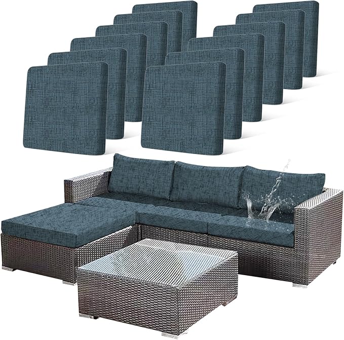 12Pcs Stretch Patio Cushion Covers Outdoor Couch Cover Replacement,Outdoor Textured Sofa Covers for Patio Couch,Washable Furniture Cover (Navy Blue,Cushions Not Included) by CALBODE