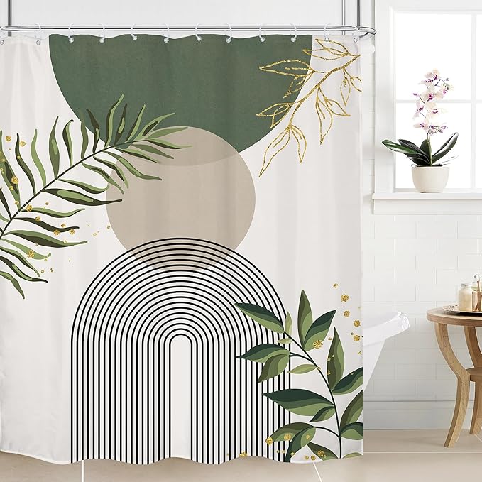 Green Boho Shower Curtain Extra Long Modern Abstract Bohemian Green Gold Minimalist Leaves Mid Century Arch Bathroom Decor Geometric Plant 72Wx84H Bath Curtain Fabric Polyester 12 Pack Hooks by MitpokBrand