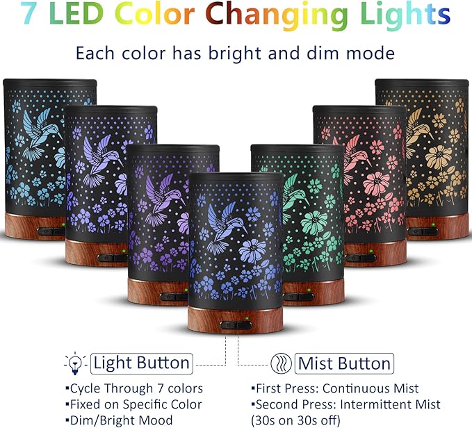 Essential Oil Diffuser Aromatherapy Diffuser - Metal Aroma Diffuser for Home 150ml Ultrasonic Cool Mist Diffuser with 7 Colors Light Auto Shut-Off Protection for Home Office Decor & Gift(Hummingbird) - Image 3