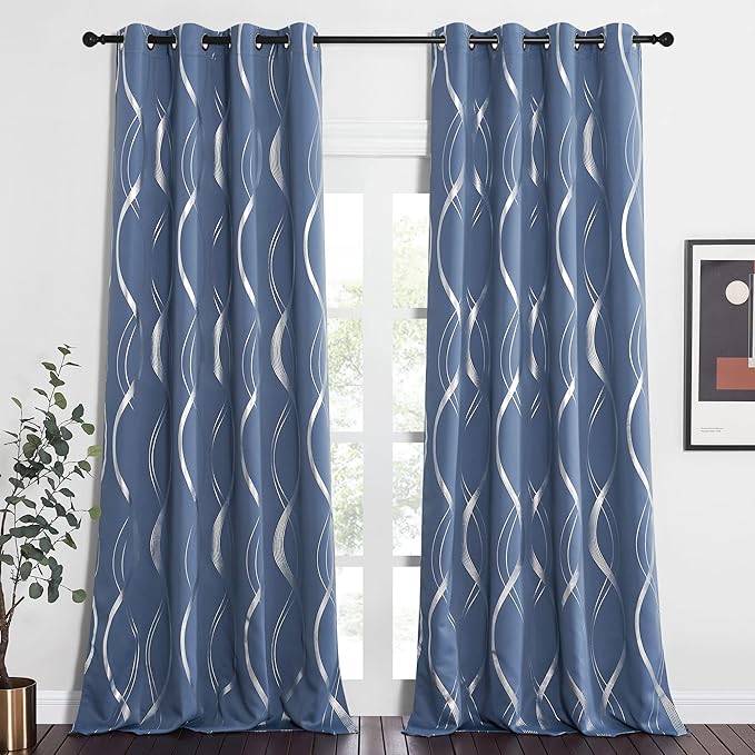 NICETOWN Living Room Curtains 102" Length 2 Panels Burg, Stone Blue, Extra Long Blackout Curtains and Drapes for Large Window, Foil Printed Wave Lines Energy Saving Thermal Insulated Draperies - Image 2