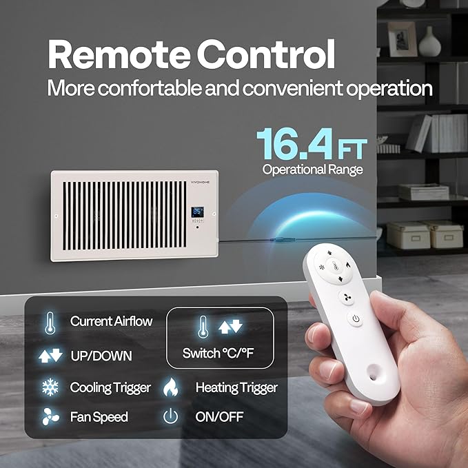 VIVOHOME 6"x12" Opening Smart Vent Register Booster Fan with Intelligent Thermostat & 10-Speed Remote Control - 13.8" x 7.5" Vent Cover for Room, Floor, Wall - White - Image 4