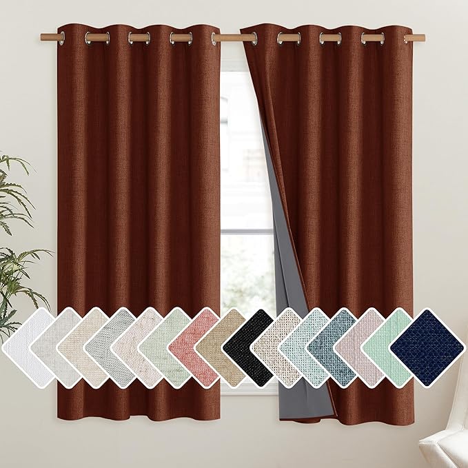 NICETOWN 100% Absolutely Blackout Linen Curtains with Thermal Insulated Liner, 52" Wide, 2 Panels, 45" Long Drapes, Grommet Retro Burnt Orange Linen Curtains Vertical Drapes Privacy for Bedroom by NICETOWN