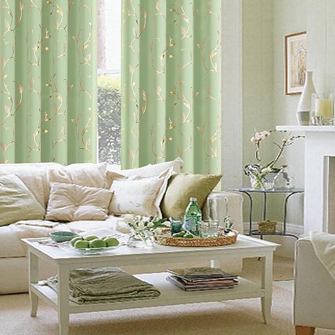 BUHUA Blackout Curtains Gold Foil Print Flower Vine Grommet Drapes, Room Darkening Thermal Insulated Curtains, Noise Reducing Curtain for Bedroom, Grass Green, 52Wx63L, 2 Panels - Image 3