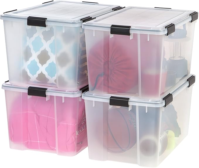 IRIS USA 4-Pack WeatherPro 74 Qt Clear Plastic Gasket Boxes with Latching Lids – Weathertight Heavy Duty Stackable Storage Containers for Clothes, Food, Tools or Camping Gear by IRISUSA
