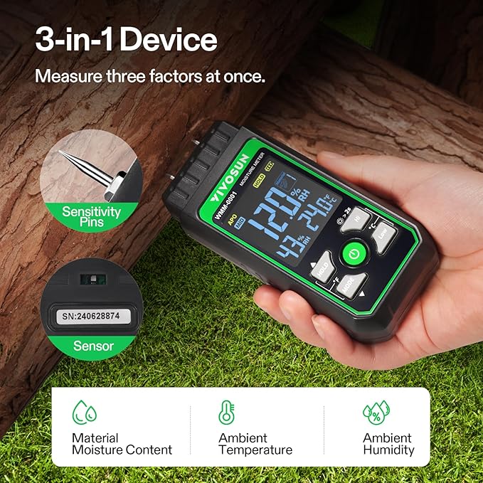 VIVOSUN Wood Moisture Meter, 3-In-1 Pin-Type Digital Moisture Tester, Ambient Temp & Humidity Tester, 7 Modes, Color Backlit Screen, for Wood, Walls, Bricks, Dried Flowers - Image 3