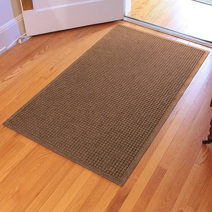 WaterHog Squares Front Door Mat Indoor Outdoor Entrance, Absorbent All-Weather Doormat Non-Slip Rubber Backing, Dirt & Moisture Trapper, Low Profile, Easy Clean, Made in USA, 35.5"x59.5" Dark Brown - Image 2