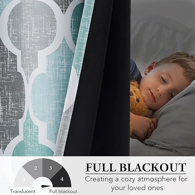 Beauoop 100% Blackout Curtains 84 Inches Long 2 Panels for Bedroom Living Room Aqua Grey Moroccan Geo Room Darkening Thermal Insulated Soundproof Rod Pocket Back Tab Window Treatments Drapes, 50x84 - Image 5