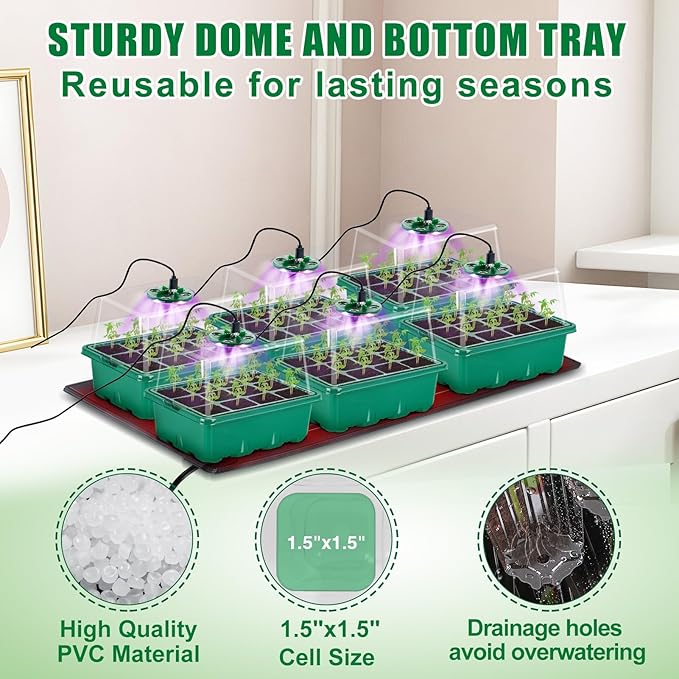 Apipi Seed Starter Tray with Grow Light & Heat Mat- 6 Pack 72 Cell Durable Easy Use Seed Starter Kit for New Gardener, Rapid Seedling Germination Kit with Humidity Domes for Plant Growing Propagation - Image 5