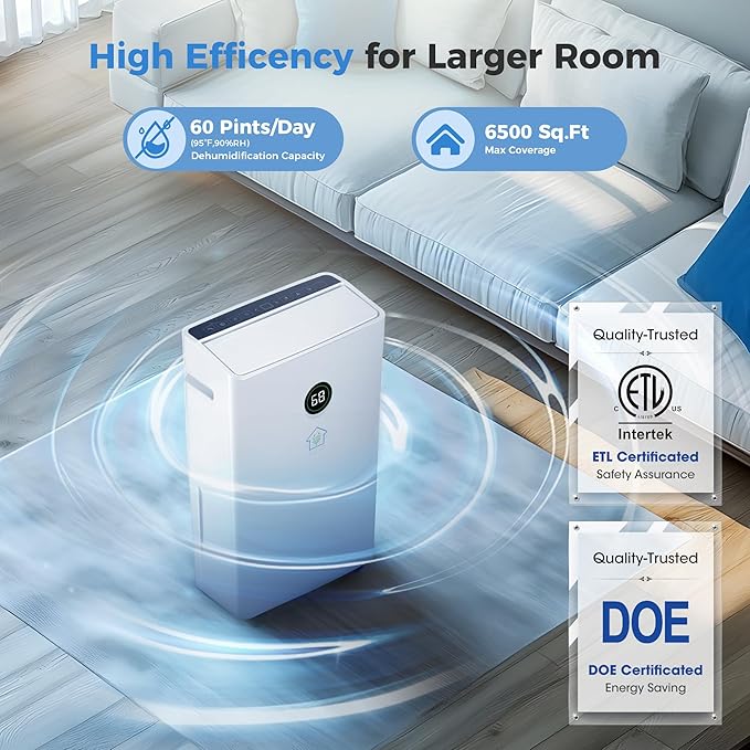 6,500 Sq Ft Smart Home Dehumidifier with Drain Hose, 1.45 Gallons Water Tank, 24 Hr Timer, 60 Pints, High Efficiency Compressor for Large Rooms,Basements, Bathrooms and Bedrooms - Image 3