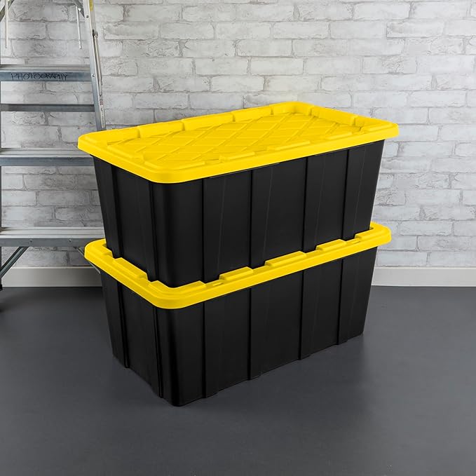Sterilite 38 Gal Industrial Tote, Stackable Storage Bin with Snap-Fit Lid for Garage, Basement & Attic Storage, Black Base and Yellow Lily Lid, 4-Pack - Image 6