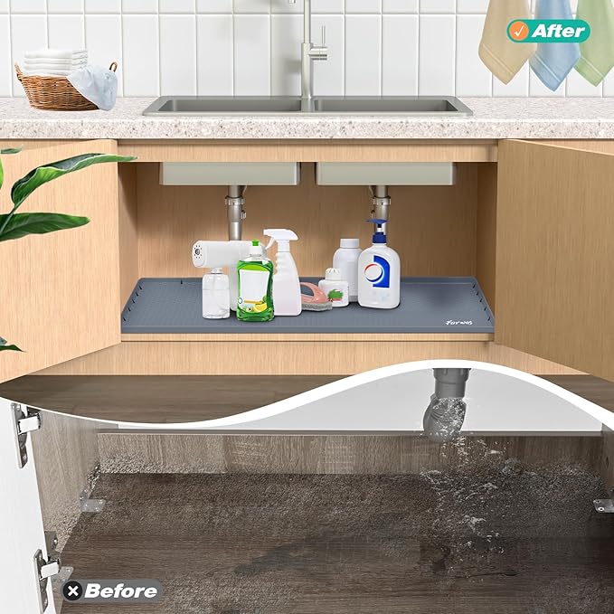 Waterproof Under Sink Mat 34" x 19", Silicone Cabinet Liner, Rubber Protector for Kitchen and Bathroom, Keeps Cabinets Clean, Dry, and Organized (Grey) - Image 6