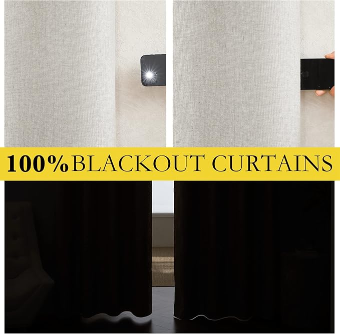 NICETOWN 100% Absolutely Blackout Linen Curtains with Thermal Insulated White Liner, Ivory, 62" Wide, 2 Pieces, Privacy Vertical Window Drapes for Office Laundry Living Room Windows 72 inch Long - Image 2