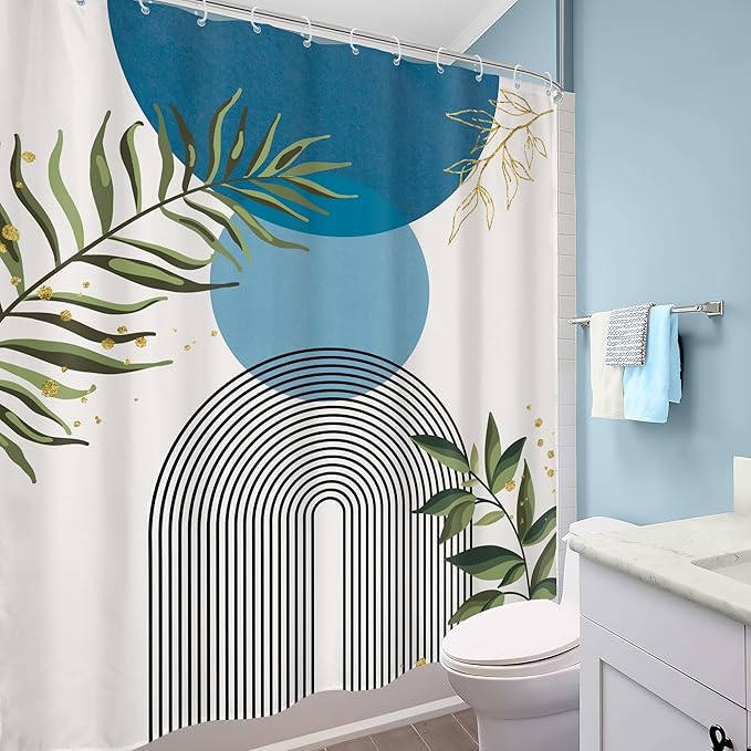 Blue Boho Modern Shower Curtain Mid Century Abstract Gold Green Leaves Sun Arch Minimalist Geometric Aesthetic Plant 60Wx72H Bathroom Decor Neutral Bath Curtain Fabric Polyester 12 Pack Hooks - Image 4