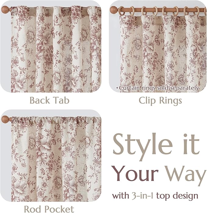 jinchan Linen Blend Curtain Floral Curtains for Living Room 63 Inch Length Farmhouse Brick Red Printed Curtain Rod Pocket Back Tab Peony Flower Patterned Drapes Curtains Set 2 Panels - Image 4