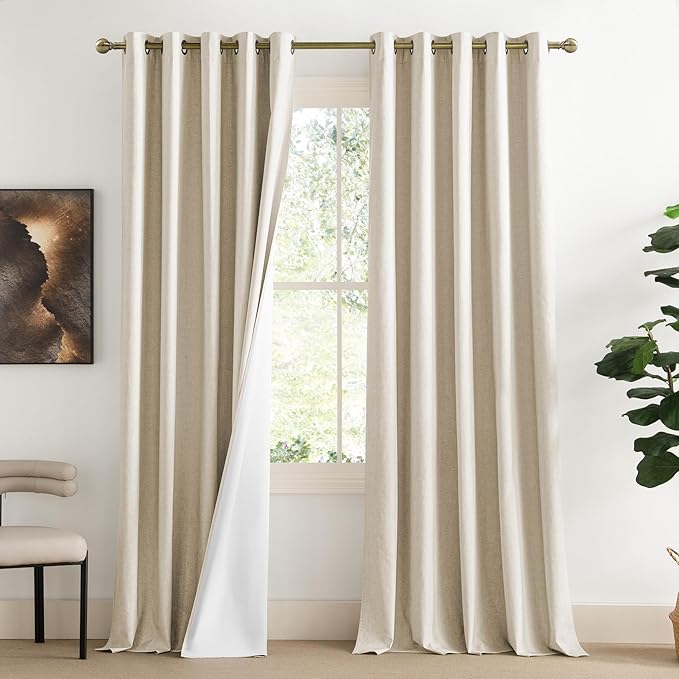 NICETOWN 100% Absolutely Blackout Linen Curtains with Thermal Insulated White Liner, Beige, W62, 2 Pieces, Noise Reducing Textured Linen Look Curtains for Windows 108 inch Length for Classroom by NICETOWN