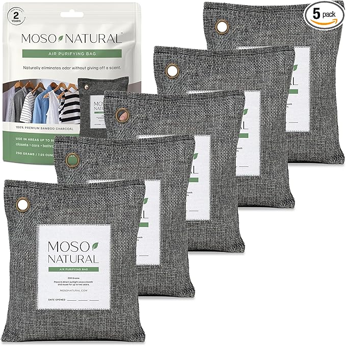 Moso Natural Air Purifying Bag 200g (5 Pack) HGTV Editor's Pick | Premium Bamboo Charcoal Odor Absorber for Home & Car | Closet Odor Eliminator & Car Air Freshener | Long Lasting Charcoal Bags by MosoNatural