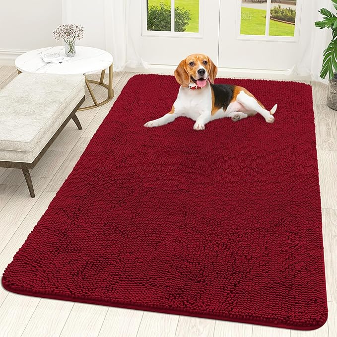 OLANLY Dog Door Mat for Muddy Paws 59x35, Absorbs Moisture and Dirt, Absorbent Non-Slip Washable Doormat, Quick Dry Chenille Mud Mat for Dogs, Entry Indoor Entryway Carpet for Inside Floor, Red by OLANLY