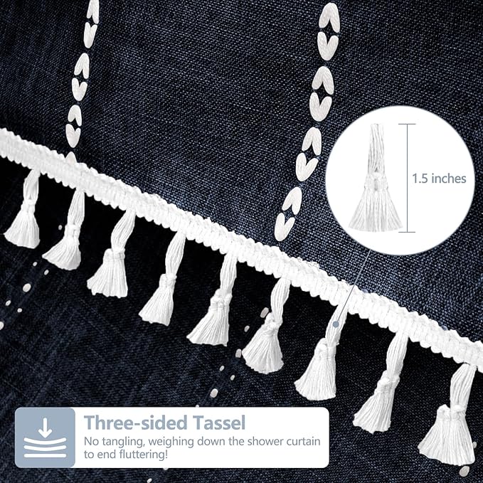 72 x 76 inch Extra Long Boho Chic Shower Curtain Heavyweight with Tassels, Navy Linen Textured Fabric Farmhouse Shower Curtain, Elegant White Striped Bathroom Curtain Water Repellent - Image 4