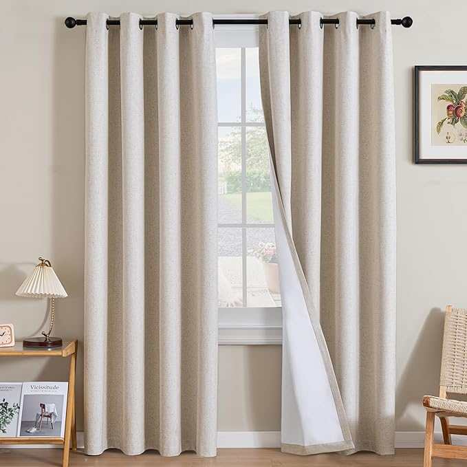 H.VERSAILTEX Linen Curtains 100% Blackout Curtains for Bedroom 102 inch Long Full Light Blocking Nature Linen Blended Window Curtains for Living Room Nickel Grommet (2 Panels, Heathered Natural) by HVERSAILTEX