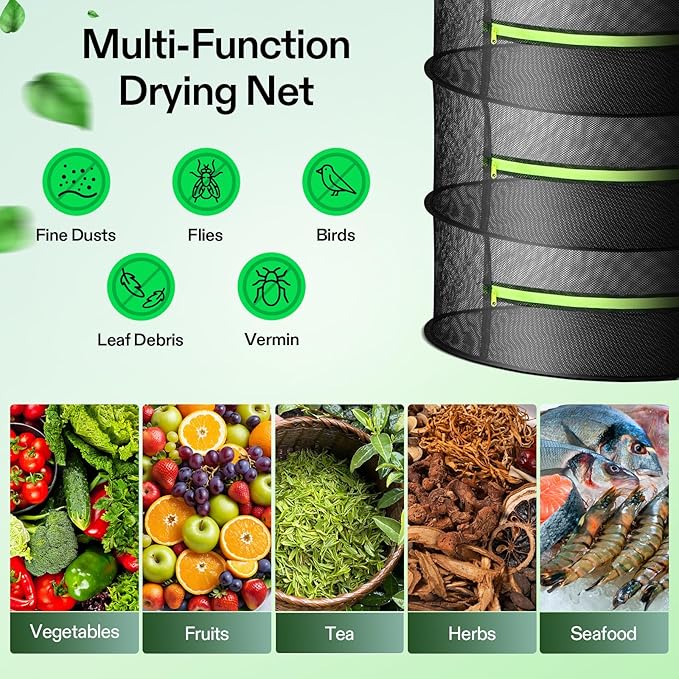 VIVOSUN 4-Pack 8-Layer Mesh Drying Rack Hanging Design with Green Zippers for Dehydrating, Indoor and Outdoor (Pruning Shears Included) - Image 7