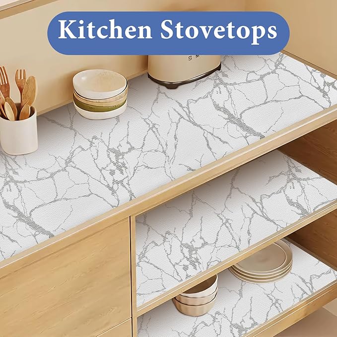 Drawer and Shelf Liner for Kitchen Cabinet: 12 in X 30 Ft Non Slip Waterproof Shelf Paper Non Adhesive Refrigerator Liners Silver Marble Easy Liners for Bathroom with Knife Tape Measure - Image 5