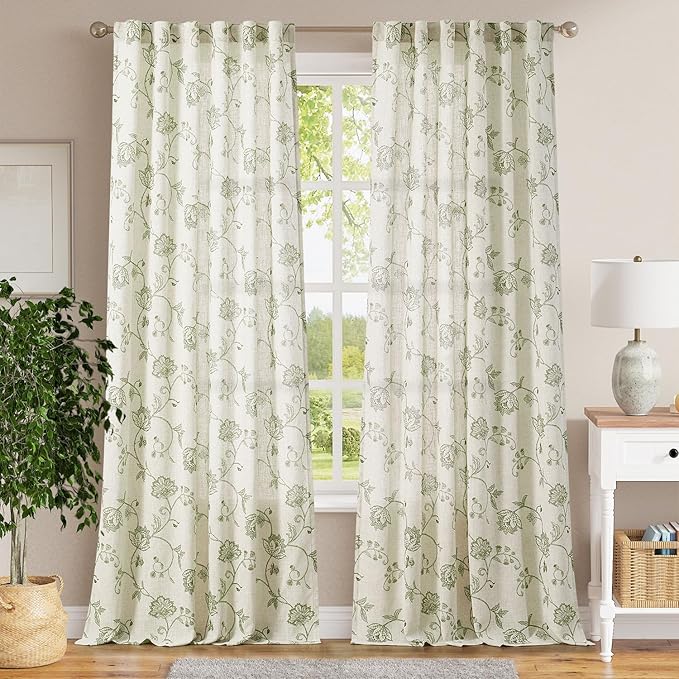 jinchan Linen Curtains Floral Curtains 96 Inch Length for Living Room Bedroom Light Filtering Rod Pocket Back Tab Farmhouse Curtains Flax Linen Texture Window Drapes Set 2 Panels Green on Linen - Image 2