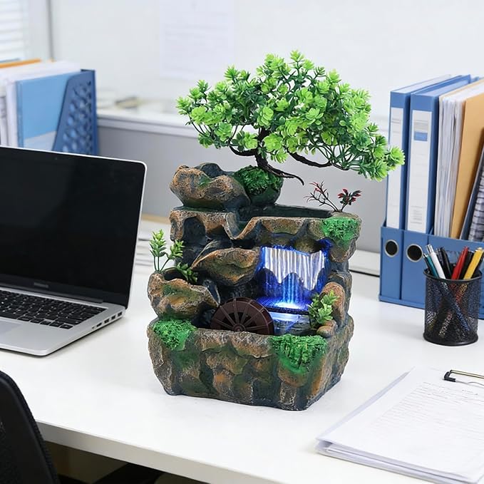11.81" Tabletop Rockery Fountain Indoor Waterfall Bonsai Desktop Mini Rockery Water Fountain with Automatic Pump and LED Light, Home Office Bedroom Humidifier Desk Decorate - Image 9