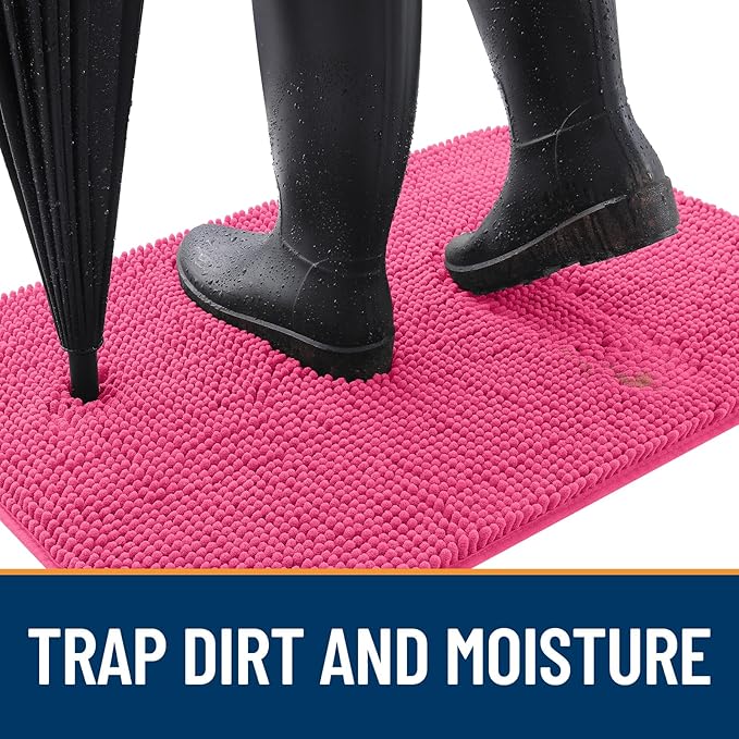 OLANLY Dog Door Mat for Muddy Paws 47x32, Absorbs Moisture and Dirt, Absorbent Non-Slip Washable Doormat, Quick Dry Chenille Mud Mat for Dogs, Entry Indoor Entryway Carpet for Inside Floor, Hot Pink - Image 2