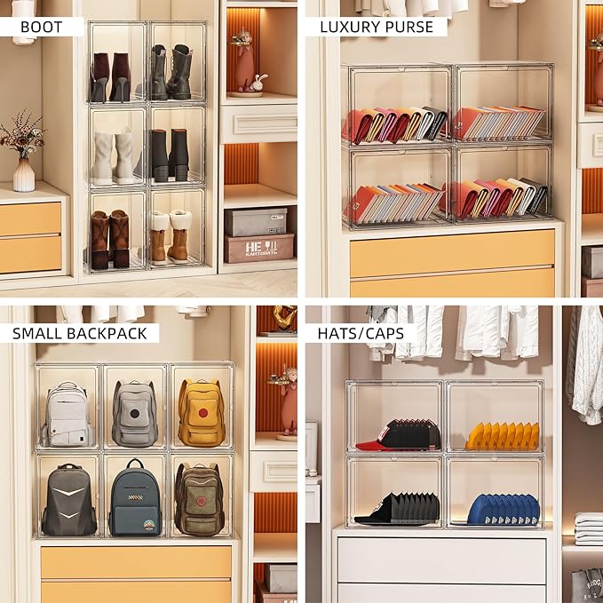 5 Pack Stackable Storage Bins with Lids, White Plastic Storage Container with Clear Lids, Clear Display Case with Magnetic Door for Purse, Handbag, Figure, Collectibles, Doll, Bag, 14.2"x8.66x10.6" - Image 4