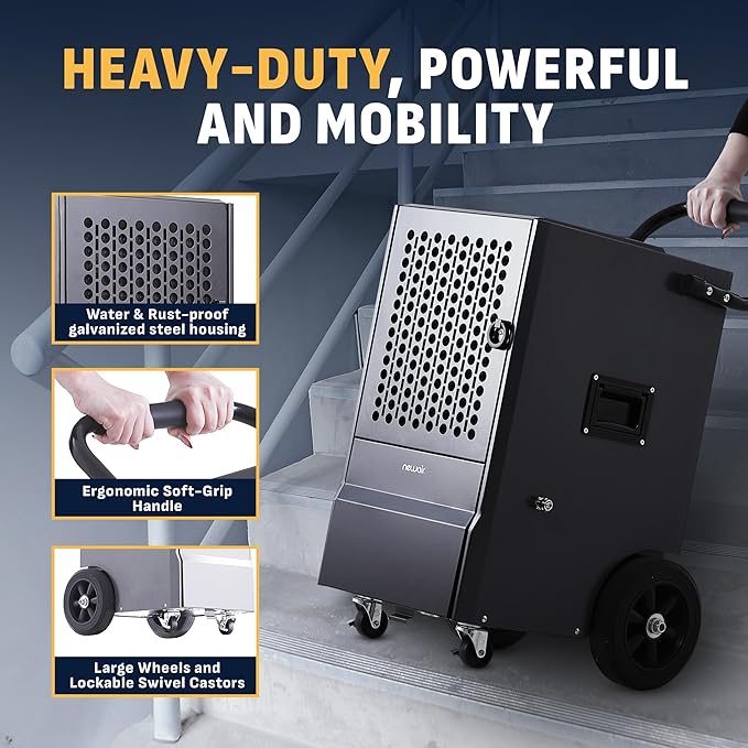 NewAir 160-Pint Commercial Dehumidifier with Pump | Heavy-Duty Industrial Dehumidifier with Drain Hose | For Basements, Water Damage Repair and Large Space Humidity Control - Image 6