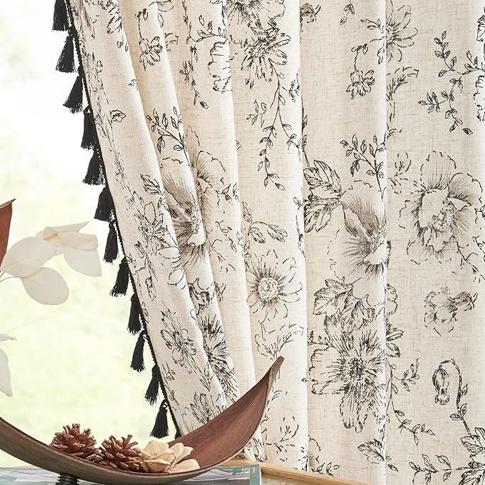 JINCHAN Linen Blend Floral Curtains for Living Room & Bedroom - 84 Inch Long Printed Curtains with Tassels & Rod Pocket - Farmhouse Rustic Peony Flower Patterned Drapes - 2 Panels - Image 8