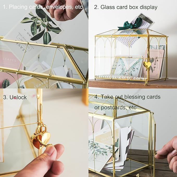 Glass Wedding Card Box with Slot, 10.2'' Large Clear Card Box Gold Brass Gift Card Storage Box with Lock Perfect for Wedding Receptions, Baby Shower, Birthday Party, Bridal Shower - Image 5