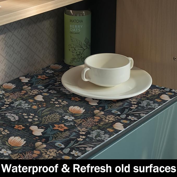 Vintage Floral Drawer Liner, Non-Adhesive and Strong Non-Slip Floral Shelf Cabinet Drawer Liners for Kitchen, Waterproof Cupboard Liners,Easy to Clean,12IN x 10FT,Dark Green - Image 8