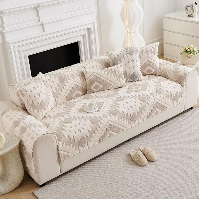 Boho Plush Couch Covers for Sofa Washable, Fuzzy Soft Couch Cover for Sectional Sofa, Non Slip Jacquard Sofa Cover Furniture Protector for Kids, Pets (Light Coffee,28"x94") - Image 4