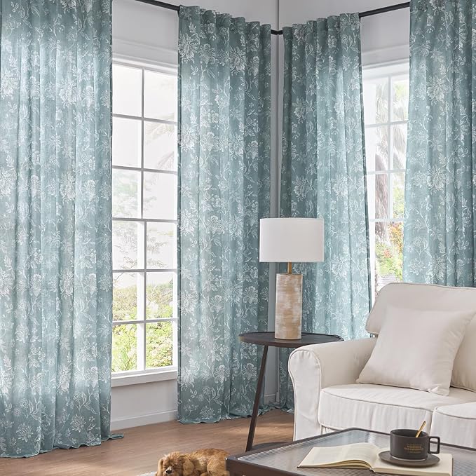jinchan Linen Floral Curtains for Living Room, 84 Inch Length Curtains with Printed Flower Light Filtering Curtain, Rod Pocket Back Tab Blue Window Treatment Set Bedroom Curtain, 2 Panels Blue - Image 2