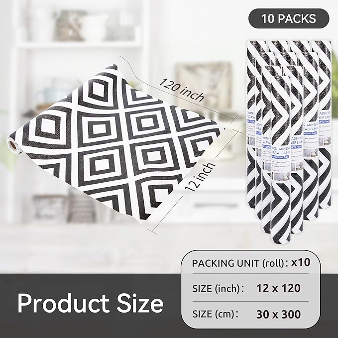 FIFTY FEET 12"x120" Non-Adhesive Shelf Liner for Kitchen Cabinets and Drawers, Washable Non-Slip PVC Cabinet Liner (Black Plaid)(9 Roll) - Image 5