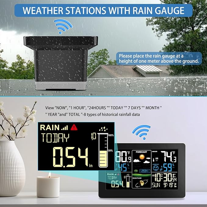 Weather Station with Rain Gauge Outdoor, Home Weather Stations Wireless Indoor Outdoor with Digital Rain Gauges, Thermometer, Barometer, Hygrometer, Atomic Clock, Weather Forecast and Alerts - Image 7
