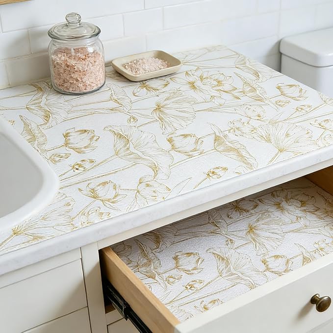 Shelf Liners Non Adhesive Light Base Gold Lotus Pattern - Thickened Non-Slip Easy to Clean Drawer Liner for Kitchen Cabinets, Tool Box, Refrigerator, with Knife & Tape Measure, 17in x 20FT - Image 5