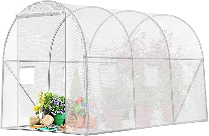 VIVOSUN 10x7x7 Ft. Large Walk in Greenhouse, Greenhouse Tunnel, Garden Plant Hot House with White PE Cover, Roll-up Zipper Door and Window for Outdoor, White by VIVOSUN